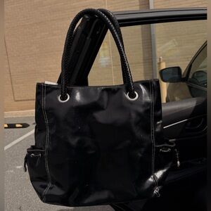 Vintage black faux leather tote bag with silver hardware
